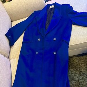Elegant vibrant blue wool coat, classic button up style, long, women’s size 12